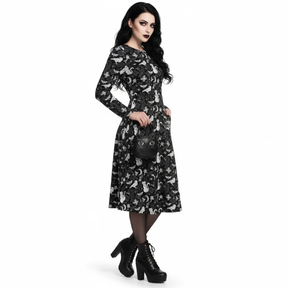 Whimsigoth Long Sleeve Witchy Goth Midi Dress with Pockets